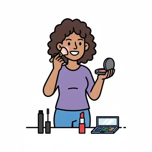 A person applies makeup holding a compact, with mascara, lipstick and an eyeshadow palette on the table.