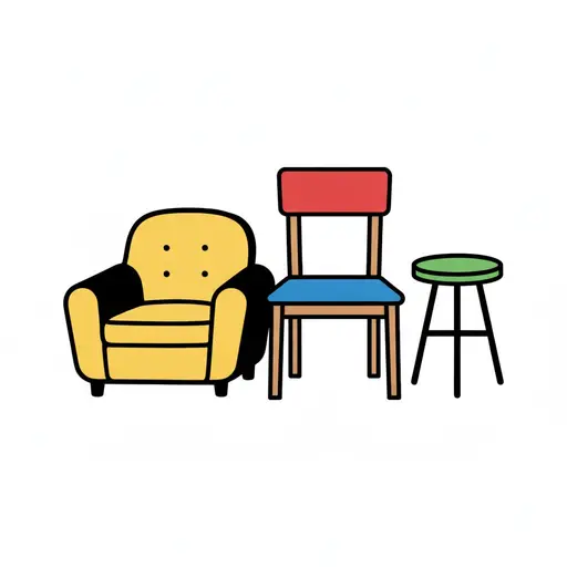 Ein Sessel, ein Stuhl und ein Hocker.