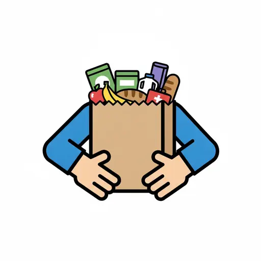Armen dragen een papieren zak vol boodschappen.
