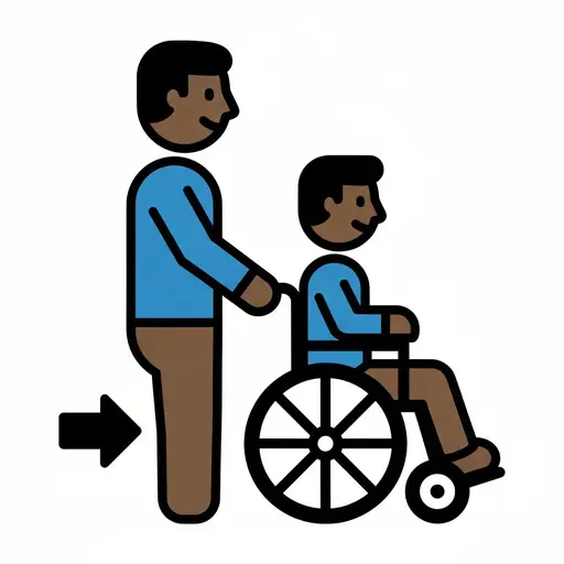 Een persoon duwt een kind in een rolstoel vooruit.