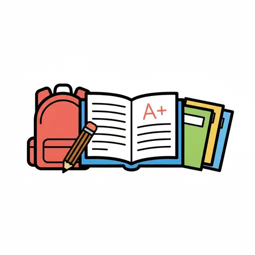 Ein Rucksack, ein aufgeschlagenes Buch mit A+, ein Stift und Mappen.