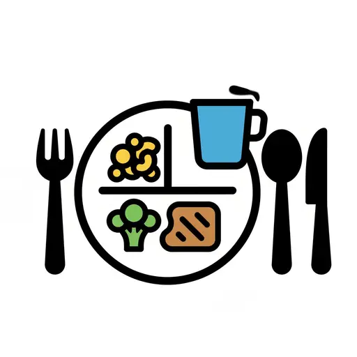 Een bord eten verdeeld in vakken, een glas drinken en een vork, lepel en mes.