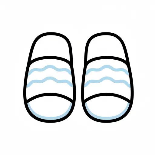 Illustration of a pair of light blue and white bath slippers.