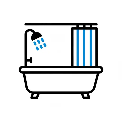En illustration af et badekar med en bruser, hvor vand strømmer ud, og et blåt badeforhæng.