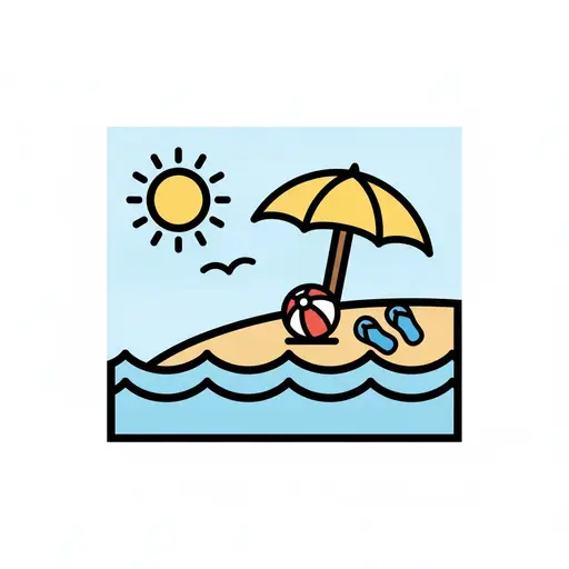 A beach with an umbrella, beach ball and flip-flops by blue sea and sun.