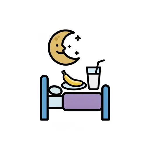 Een bed met een banaan, een drankje en een lachende maan erboven bij het slapengaan.