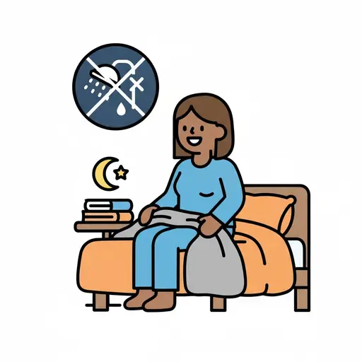 Een persoon zit op bed met boeken ernaast, met een symbool dat douchen wordt overgeslagen en een maan.