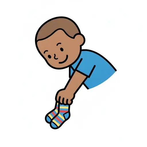 A child bends down and picks up a striped sock from the floor.