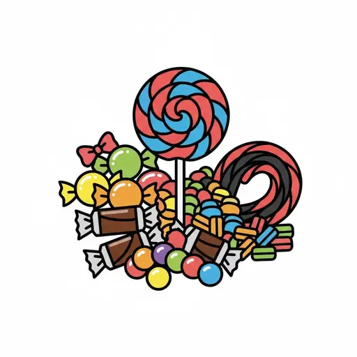 Een grote berg snoep met een gestreepte lolly, opgerolde drop, ingepakte chocolaatjes en gekleurde kauwgomballen.