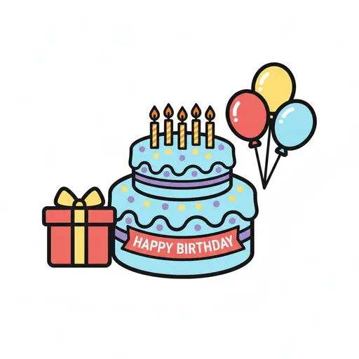 A light blue two-tier birthday cake with five lit candles and a banner, beside a red present and three balloons.