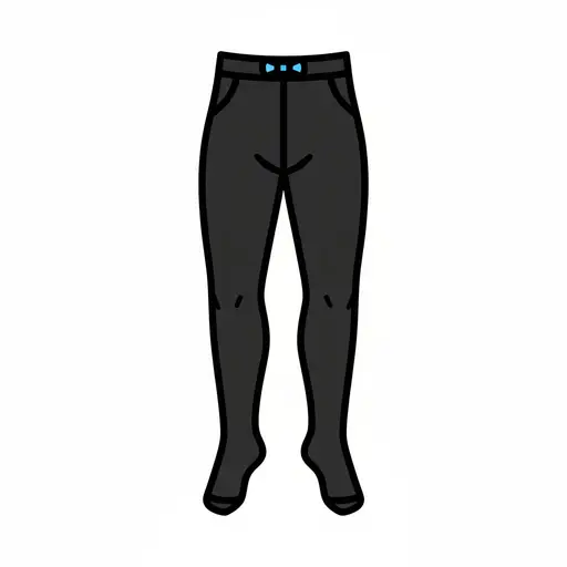 Pari mustia sukkahousuja tai leggingsejä, joissa on pieni sininen rusetti vyötäröllä.