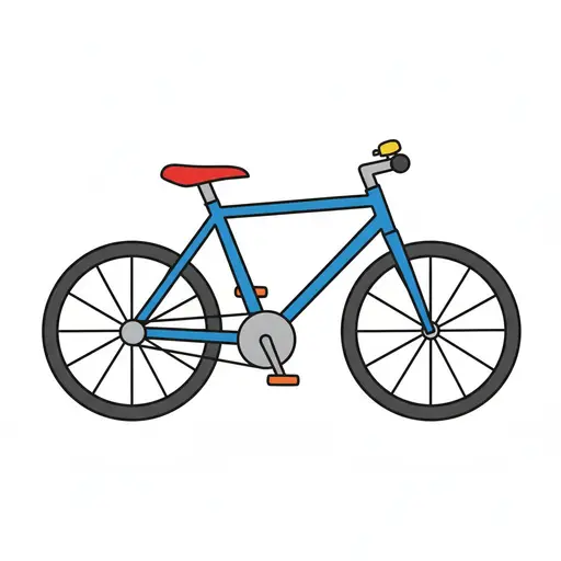 En blå cykel sedd från sidan med röd sadel, orange pedaler och en ringklocka på styret.