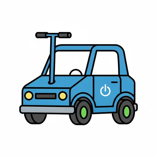 En blå bil set fra siden med et løbehjulsstyr der stikker op af motorhjelmen og et tænd-sluk-symbol på døren.