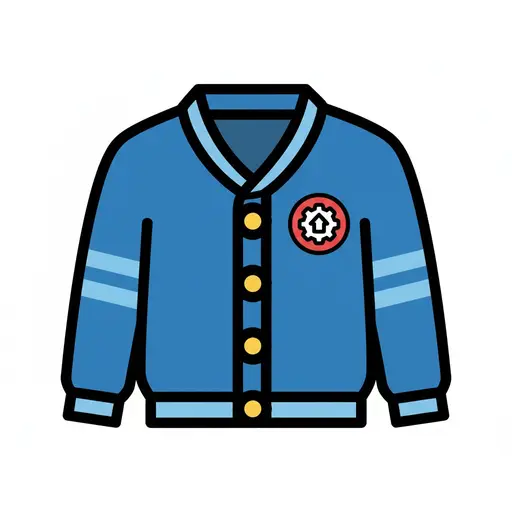 A blue cardigan with yellow buttons and a red gear icon with an arrow on the chest.