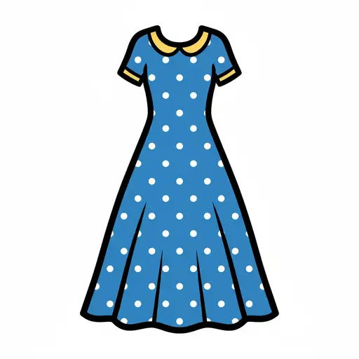 Ein blaues Kleid mit weißen Polkapunkten und einem gelben Kragen.