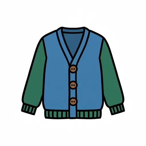 A blue and green cardigan with three brown buttons, shown closed at the front.
