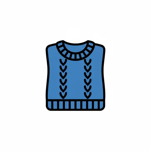 Een blauwe gebreide trui met een kabelpatroon, een geribbelde hals en een geribbelde zoom, van voren gezien.