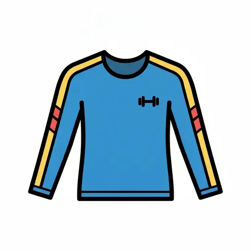 A blue long-sleeve gym top with yellow stripes down the sleeves and a small dumbbell logo.