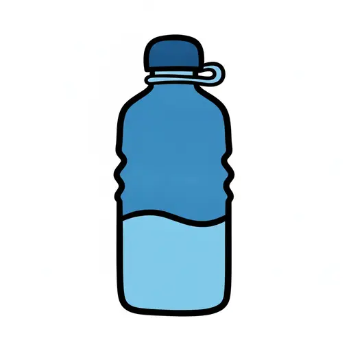 Een blauwe plastic fles met een schroefdop en een klein lusje, halfvol met licht water.