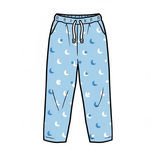 Een lichtblauwe pyjamabroek met een patroon van manen en sterren en een koordje in de taille.