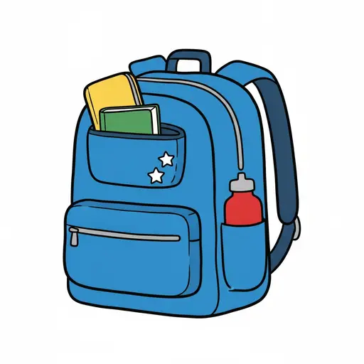 A blue backpack with books in the front pocket and a water bottle on the side.