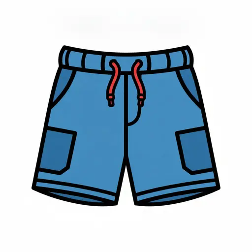 Een blauwe short met een elastische tailleband, een rood koordje en zakken aan de voorkant.