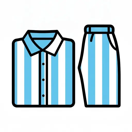 Een blauw-wit gestreept pyjamajasje met kraag naast een gestreepte pyjamabroek.