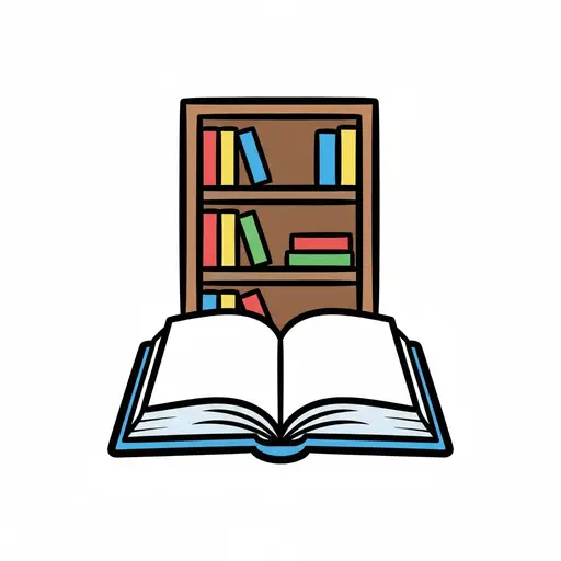 A brown bookshelf with colourful books on three shelves and a large open book in front.