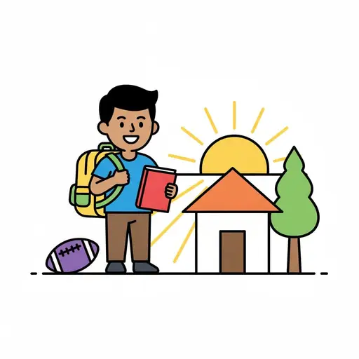 Een jongen met een rugzak houdt een rood boek vast naast een huis, een boom, de zon en een rugbybal.