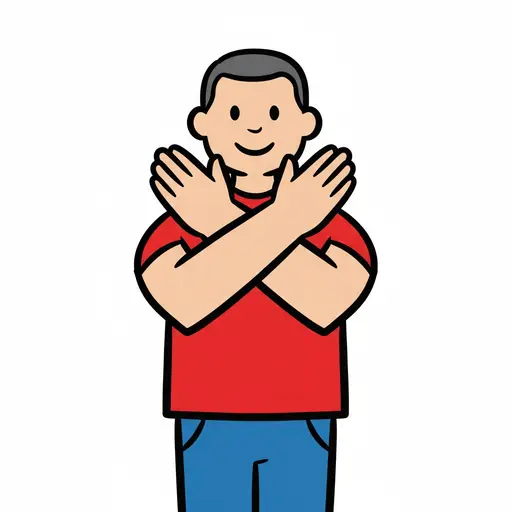 A boy crosses his arms in front of his chest to show that the activity is over.