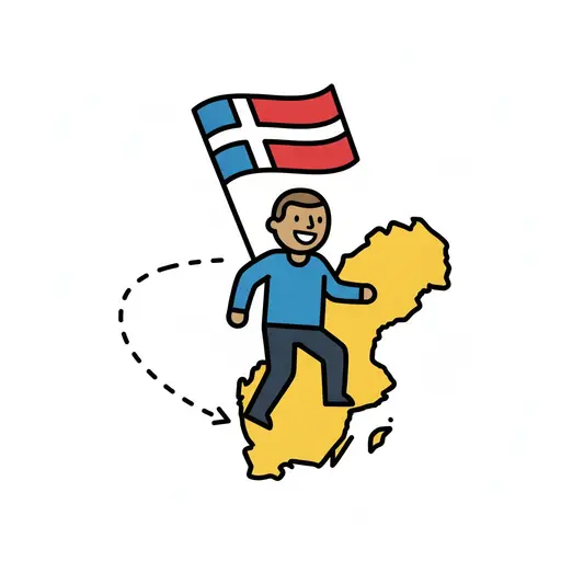 En smilende dreng holder et flag og står på et kort over Sverige med en stiplet rejselinje.