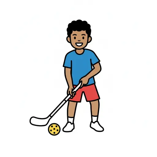 A boy stands with a stick and a yellow ball at practice.