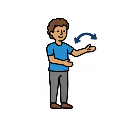 Een jongen steekt zijn hand uit en wenkt, met een gebogen pijl die de beweging laat zien.