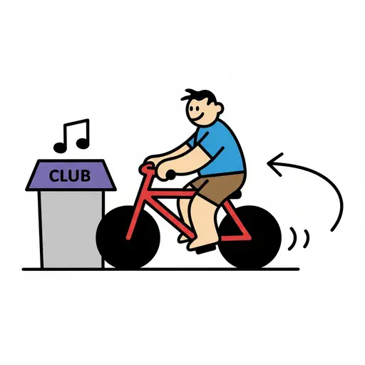 A boy happily rides a red bicycle away from a building labeled 'CLUB'.