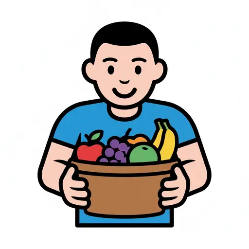 Een tekenjongen houdt een schaal vol fruit vast, met appels, druiven en bananen.
