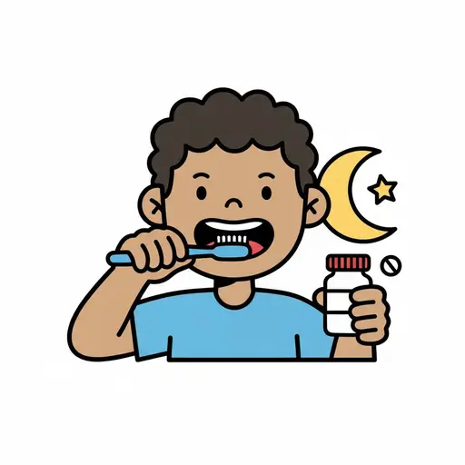 A boy is brushing his teeth with a toothbrush in his mouth and holding a medicine bottle in his hand. A moon and star are visible in the background.