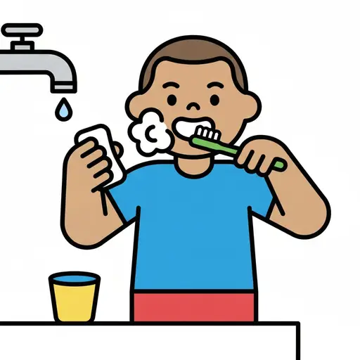 Een jongen bij de wastafel poetst zijn tanden met een groene tandenborstel en houdt een washandje in zijn andere hand, met een beker water ernaast.