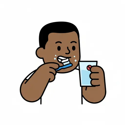 A boy brushes his teeth with a blue toothbrush and holds a glass of water with a red pill.