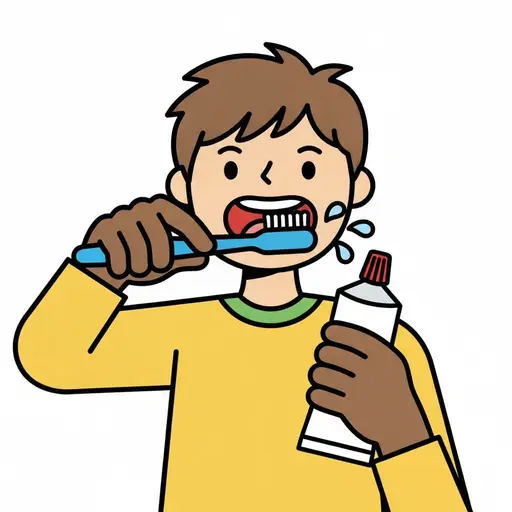 A boy brushes his teeth while holding a tube of toothpaste in his other hand.