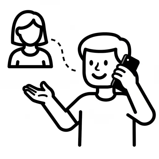 An outline drawing of a boy speaking into a smartphone, gesturing with his free hand, with a blurred female figure in the background representing the parent he is calling.