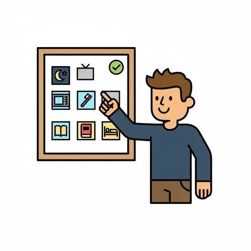 Een tekenjongen wijst naar een avondroutinebord met pictogrammen voor tv-kijken, tanden poetsen, lezen en naar bed gaan. Een groen vinkje geeft een afgeronde taak aan.