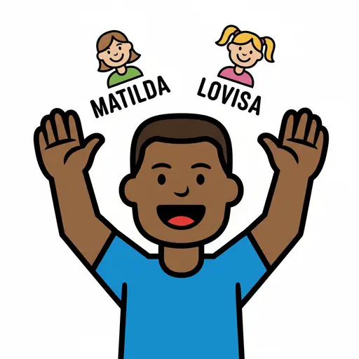 A smiling boy in a blue shirt with both hands raised, with two small round portraits above his head labelled MATILDA and LOVISA.