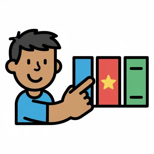 A happy boy points to a book in a row of books.