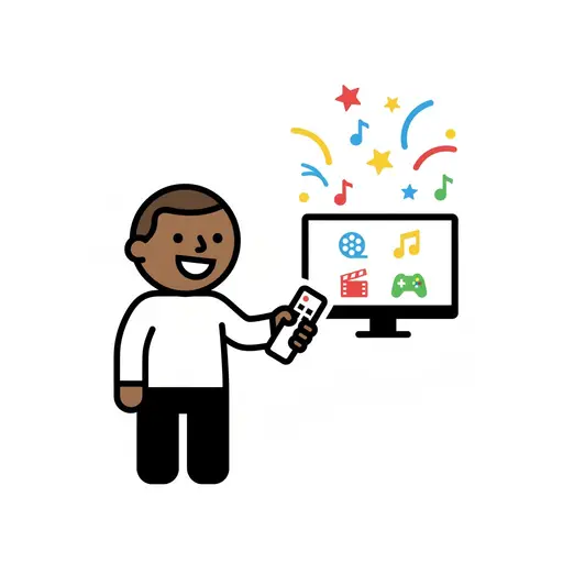 A boy points a remote at a screen showing film, music and game symbols.