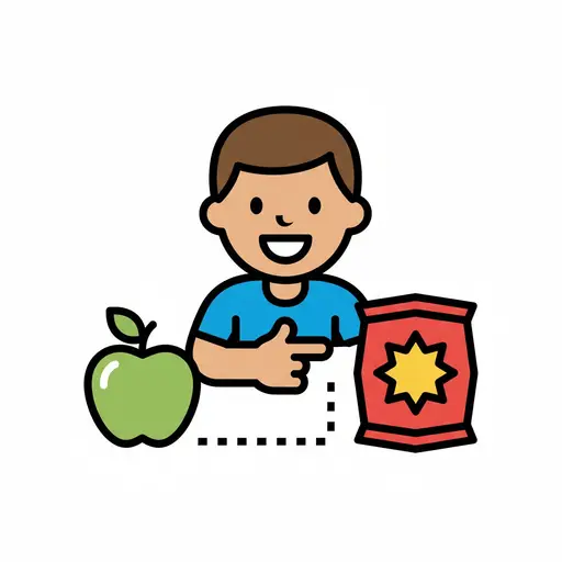 Een jongen wijst naar een zak chips, met een appel ernaast. Een stippellijn verbindt de jongen met de appel en de chips, als symbool voor een keuze.