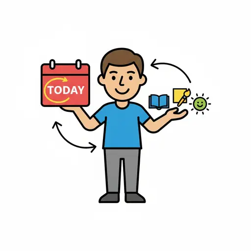 A boy holds a red calendar labeled TODAY and gestures toward icons of a book, a paintbrush and a smiling sun.
