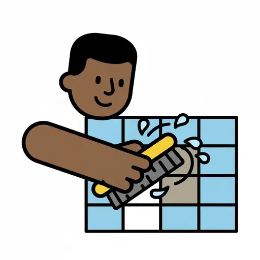 Een persoon maakt tegelvoegen schoon met een borstel en water.