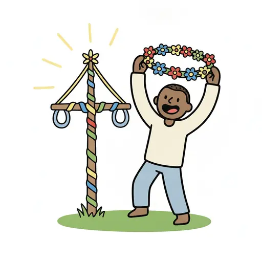En gutt som danser ved siden av en maistang på gresset og holder opp en blomstergirlander i solskinnet.