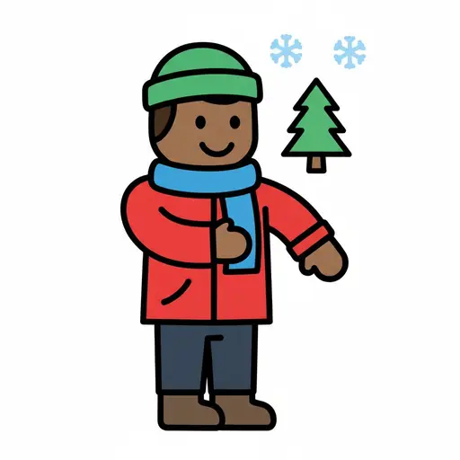 Een blije jongen in een rode jas, een groene muts en een blauwe sjaal, klaar voor sneeuwweer naast een boom.