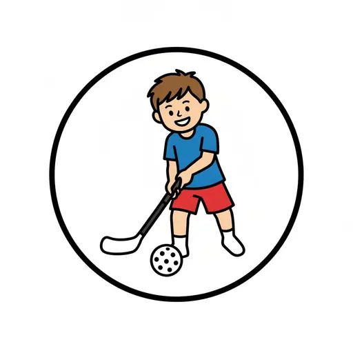 Een jongen in een rode korte broek dribbelt met een floorballbal en stick in een ronde lijst.